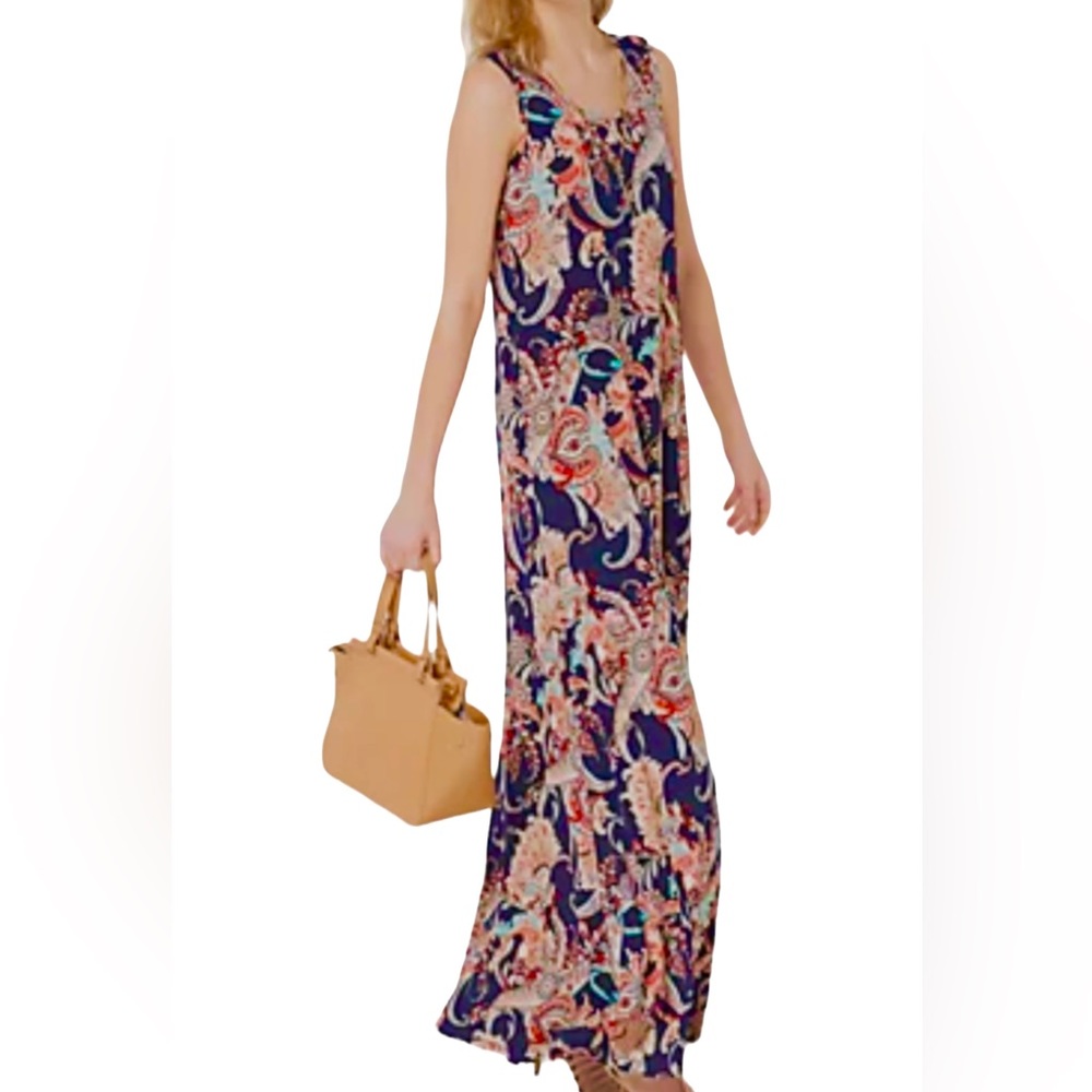 Attitudes by Renee Navy Blue Maxi Dress Abstract Multicolor Paisley Patt…